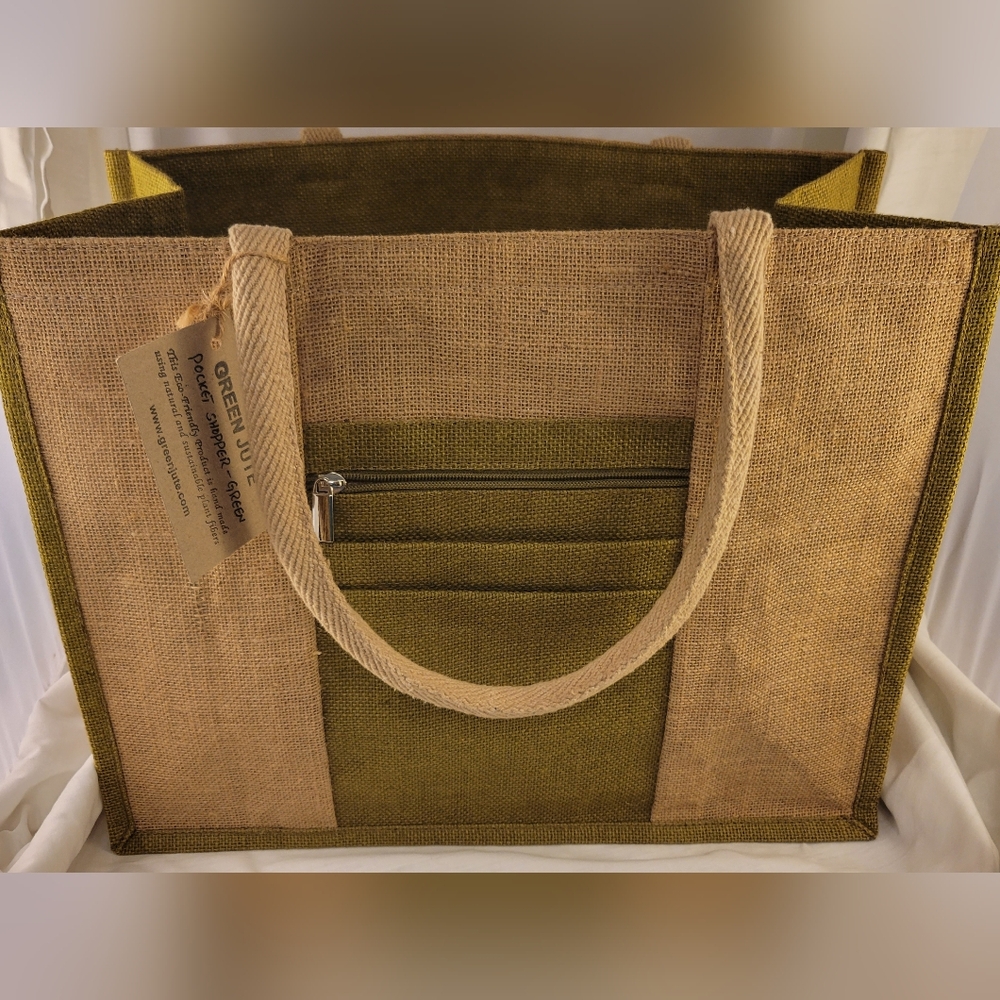Handmade Green Jute tote bag with pockets and  Panda detail